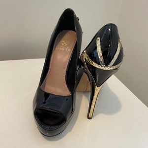 Vince Camuto - Black Peep-toe Pumps w Gold Heels